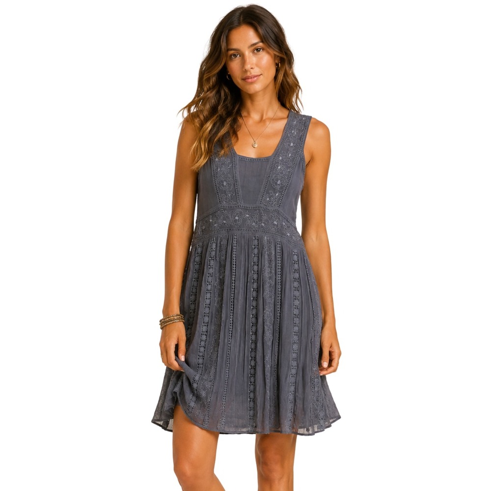 Sundance Dress Womens Size 6 Gray Blue Embroidered Lace Sleeveless Mini Boho